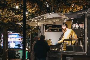 Our food truck parked up at one of our locations at night.